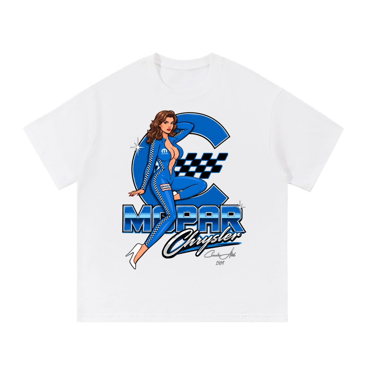 missdirectconnection,mopar,mopartshirt,moparracing,moparperformance,chrysler,chryslerracing,80s,pinup,1984,tshirt,classiccars,classicmopar,racinggirl