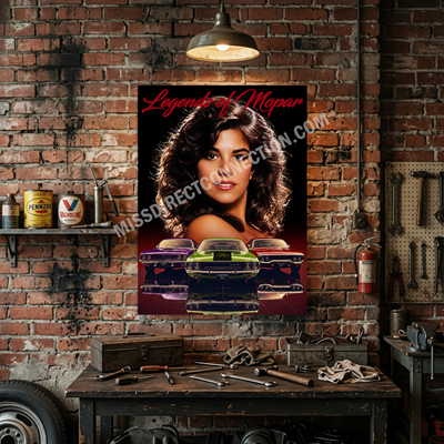 Legends of Mopar Aluminum Poster | Claudia Abel Miss Direct Connection 1984 | Classic Muscle Car Wall Art | Plymouth Cuda Dodge Challenger Road Runner